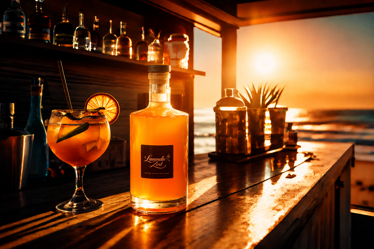 Barra tropical al atardecer con botella Lavanda Zest